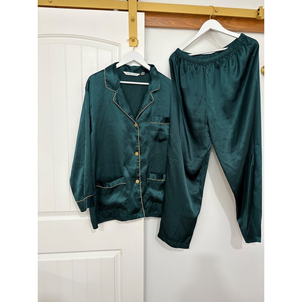 Victorias Secret Emerald Green Satin Pajama Set Long Sleeve Pants Large